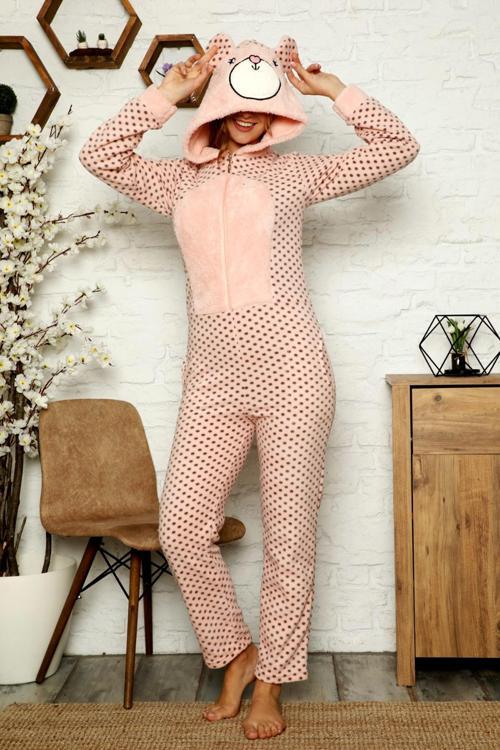 Kışlık Peluş Polar Kadın Tulum Pijama Takım- Welsoft 