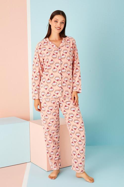 Bayan Kışlık Welsoft Peluş İnci Polar Düğmeli Pijama Takımı 'İpeksi Doku'