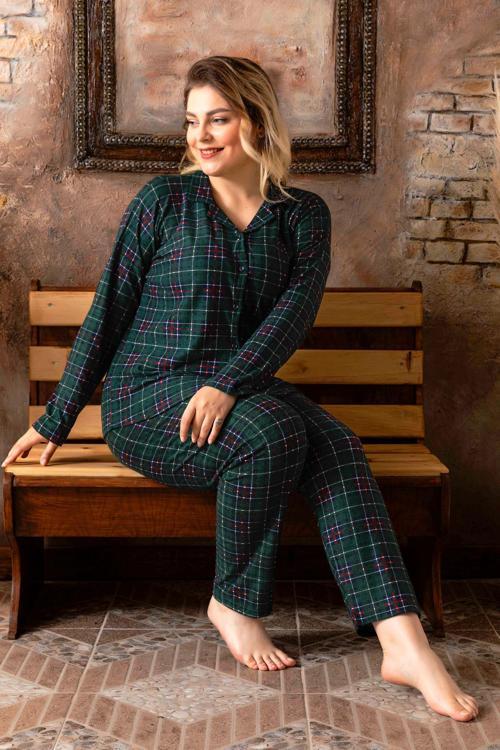Büyük Beden Kışlık Düğmeli Ekose Desen Yılbaşı Temalı  Kadın Süet Pijama Takımı
