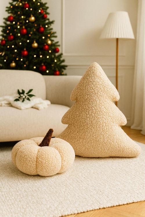 Teddy Dekoratif Balkabağı Ve Çamağacı Yastık Ve İç Dolgulu Kırlent (Krem Ve Krem) -