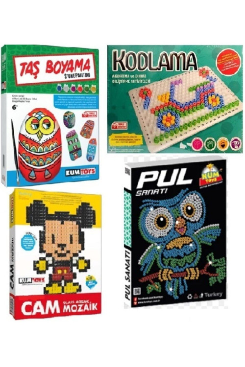 Kodlama: Algoritma Dikkat Geliştirme+ Cam Mozaik+Pul Sanatı+Taş Boyama Sanatı 4Lü Süper Set