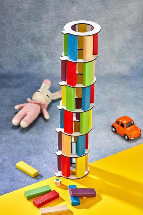 Renkli Tower Plus Jenga Büyük Boy Doğal Ahşap Denge  Kule Oyunu Tower