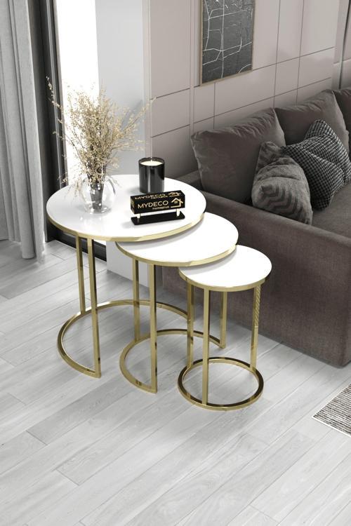 3'Lü & Bohem Sehpa & Zigon Sehpa & Orta Sehpa & Modern Sehpa Takımı & Gold Ayak Beyaz Ayna