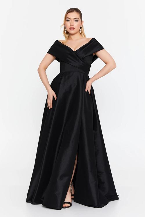 Kadın Düşük Omuz Derin Yırtmaçlı Maxi Abiye Elbise 8363 Siyah