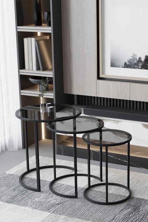 3'Lü & Bohem Sehpa & Zigon Sehpa & Orta Sehpa & Modern Sehpa Takımı & Siyah Ayak Şeffaf Füme Cam