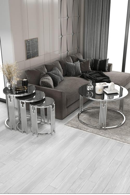 Piyano Set Gümüş Füme Orta Sehpa Zigon Sehpa Takımı