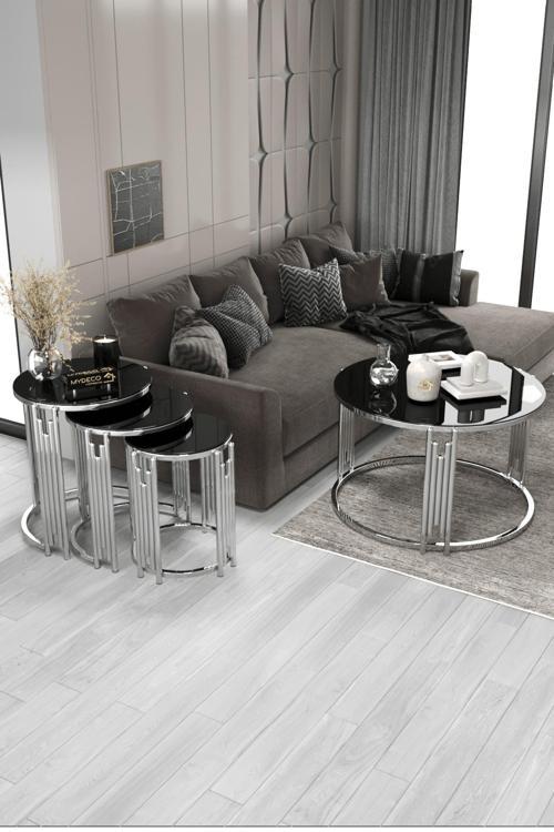 Piyano Set Gümüş Siyah Orta Sehpa Zigon Sehpa Takımı