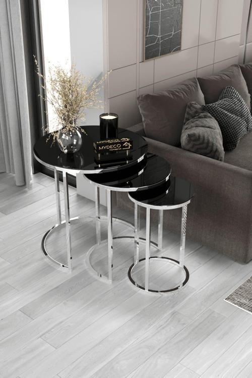 3'Lü Gümüş Ayak Siyah Ayna & Bohem Sehpa & Zigon Sehpa & Orta Sehpa & Modern Sehpa Takımı &