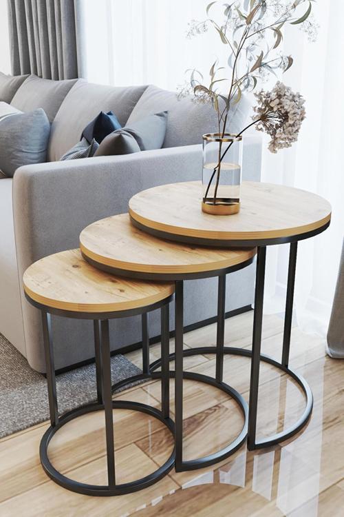 3'Lü Zigon Sehpa Siyah Ayak Atlantik Çam 18Mm Sunta