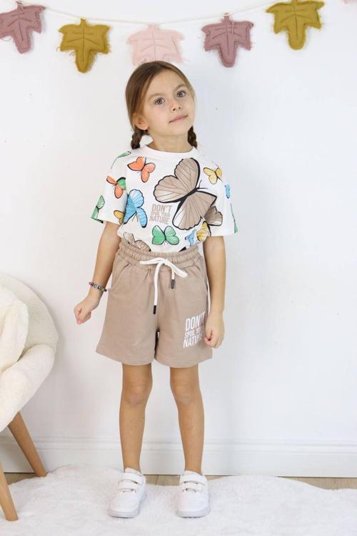 Baskılı Kız Çocuk Tişört Şort Takım M00730 KAHVERENGİ
