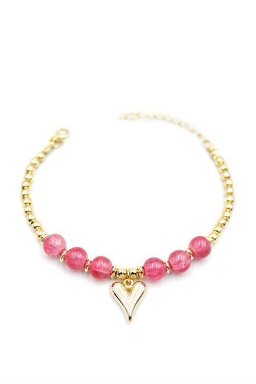Boncuklu Kalp Bileklik - Pembe