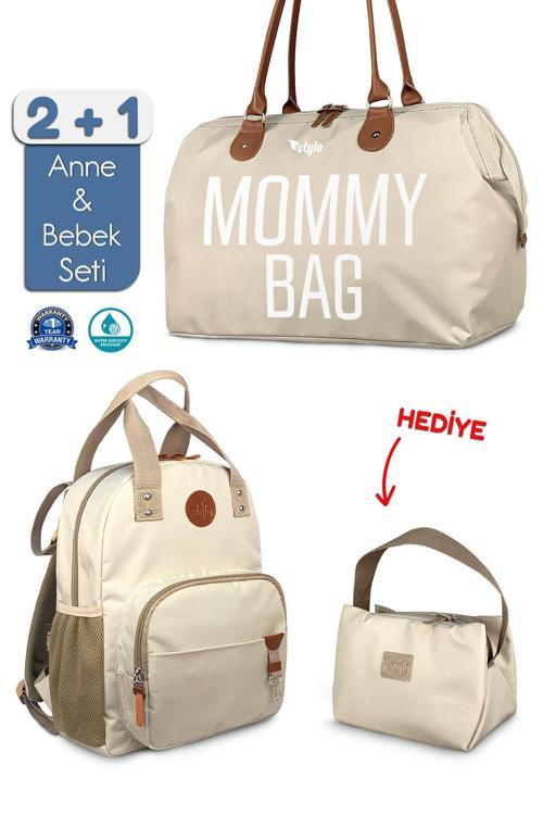 Mommy Bag Bebek Bakım Kadın Omuz Çantası + Popi Anne Kadın Sırt Çantası Termos Çanta Hediye-Bej