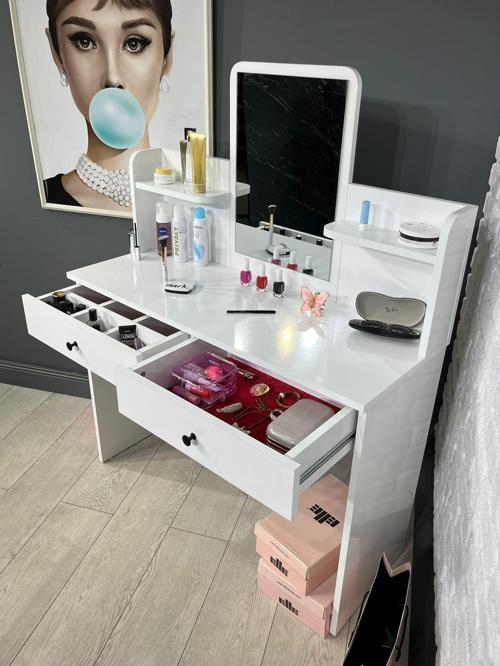 Makyaj Masası Aynalı Tuvalet Masası 2 Çekmeceli Takı Düzenleyici ve Raflı Organizer Beyaz 104 cm