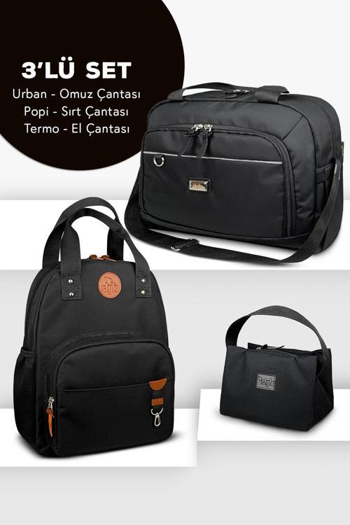 3'lü Set Anne Bebek Bakım Sırt Çantası & Urban Anne Bebek Omuz Çantası ve Termos Çanta