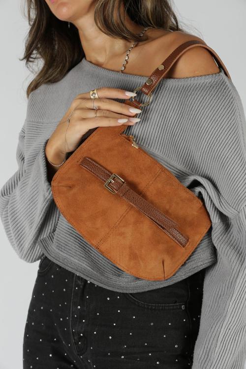 Taba Süet Gold Toka Detaylı Slım Omuz Çantası