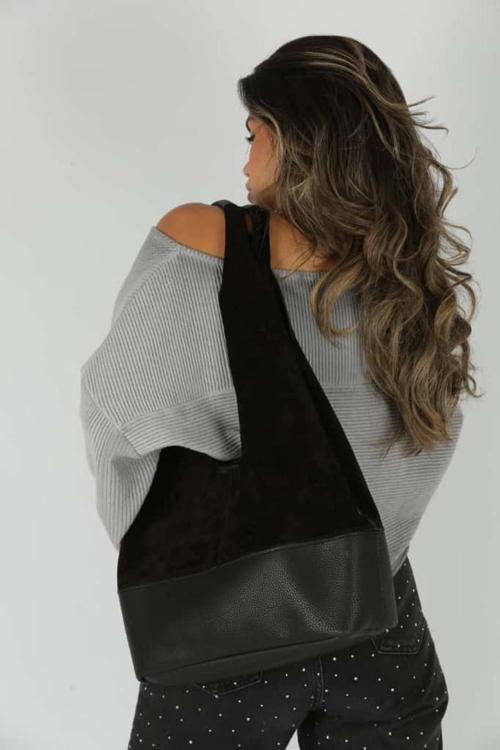 Siyah Süet Ek Portföylü Büyük Boy Omuz Çantası