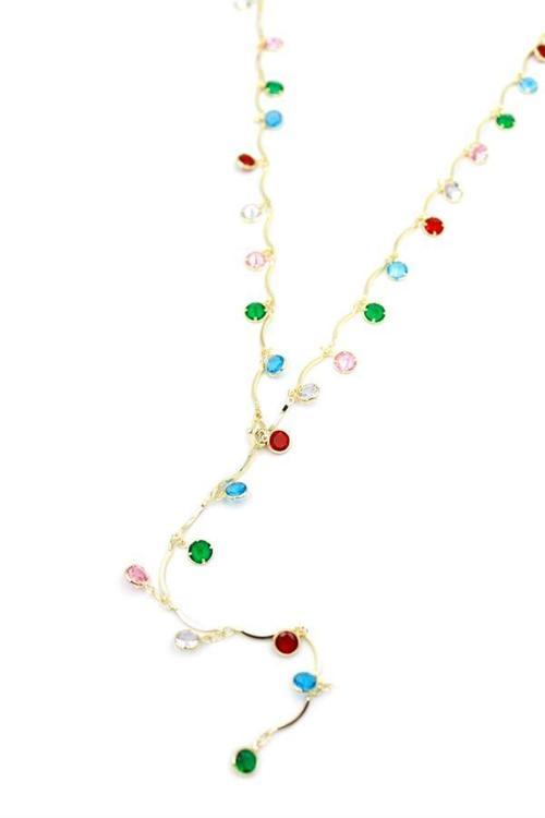 Renkli Taşlı Y Kolye - Altın