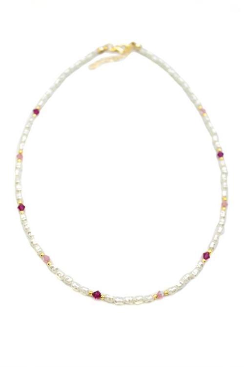 Renkli Boncuklu İnci Kolye - Fuşya