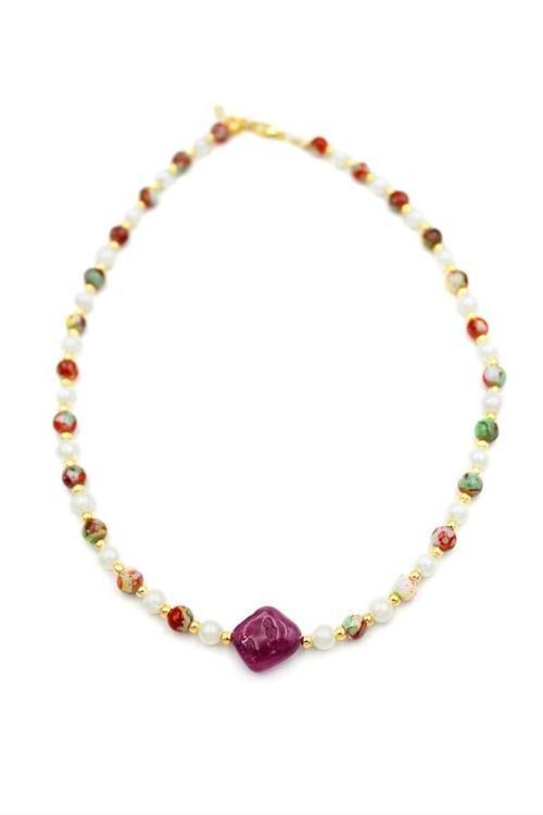 İncili Taşlı Kolye - Mor