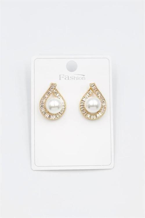 İncili Baget Taşlı Küpe - Altın