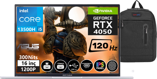 Vivobook 16X 13.nesil İntel i5 13500H 32GB 1tb SSD 6GB RTX4050 16" 120Hz" WIN11Pro WUXGA K3605VU-N116631+ZettaÇanta