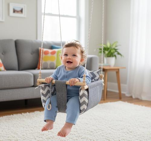 Ahşap Çocuk & Bebek Salıncağı Gri Renk Minder Yastık ve Diş Halkalı Tavan Salıncak