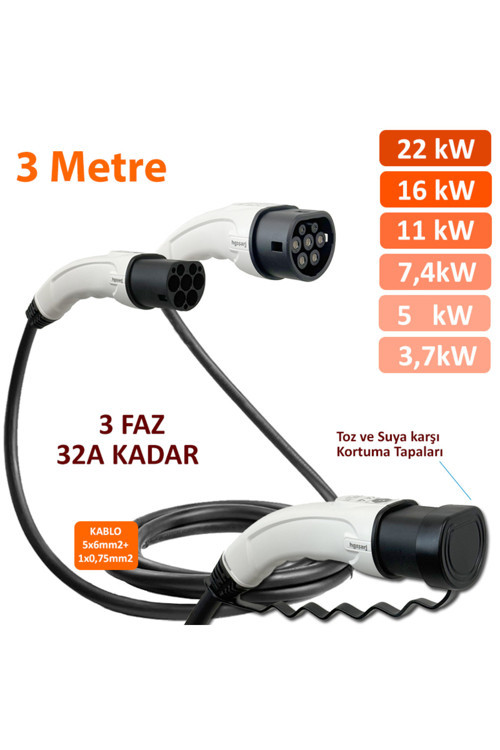3 Metre, Elektrikli Araç Şarj Kablosu 22Kw-16Kw-11Kw-7,4Kw-5Kw-3,7Kw 32A Kadar