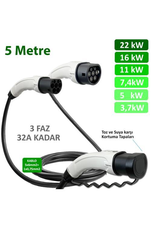 5 Metre, Elektrikli Araç Şarj Kablosu 22Kw-16Kw-11Kw-7,4Kw-5Kw-3,7Kw 32A Kadar