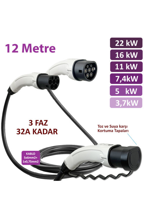 12 Metre, Elektrikli Araç Şarj Kablosu 22Kw-16Kw-11Kw-7,4Kw-5Kw-3,7Kw 32A Kadar