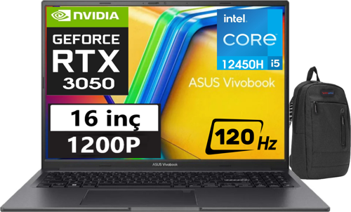 Vivobook 16X 12.nesil Core I5 12450H 40GB 256GB SSD RTX3050 16 Inç 120Hz" WINDOWS11HOME Wuxga Dizüstü Bilgisayar K3605ZC-N1012W21 + Weblegelsin Çanta