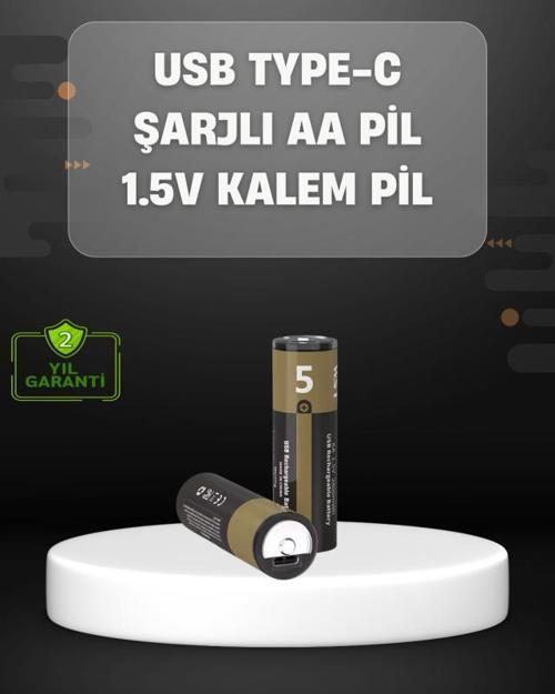 USB Type-C Girişli Şarjlı AA Lityum Pil | 1.5V Sabit Çıkış | 3200mWh (2'li Paket)