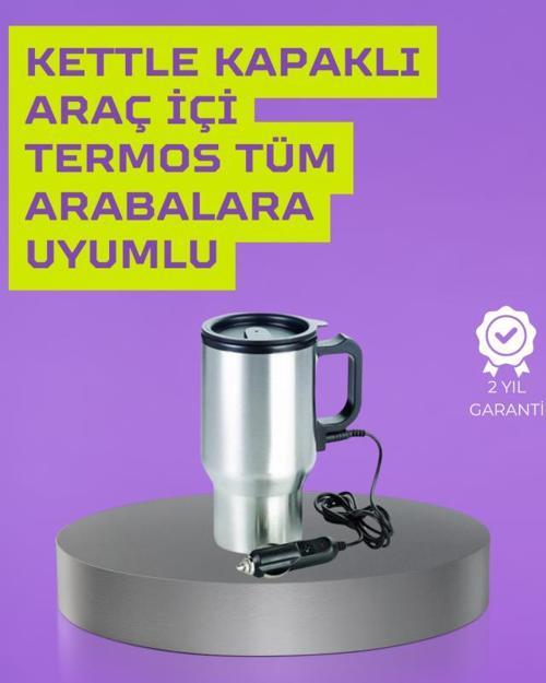 Çelik Gövdeli Araç İçi Isıtıcı Termos Bardak 450 ml Kapasiteli
