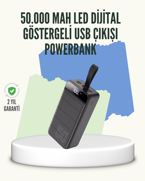 Yüksek Kapasiteli 50.000 mAh Powerbank – Type-C, Lightning ve Micro USB Uyumlu, Çoklu Cihaz Şarj Özellikli