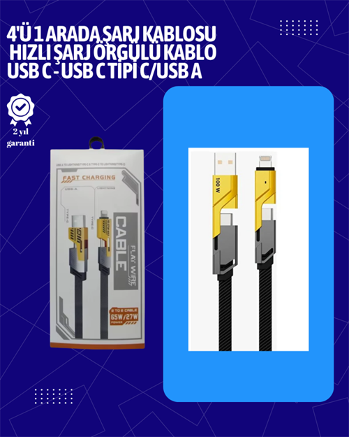 USB-C ve Lightning Uyumlu 4'ü 1 Arada Kablo – 65W Hızlı Şarj, Örgülü Dayanıklı Yapı