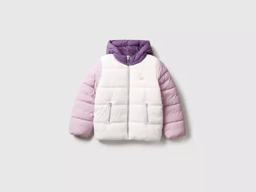 Kız Çocuk Ekru-Lila Sol Göğsü Logo İşlemeli Cepli Kapüşonlu Yüksek Yaka Mont