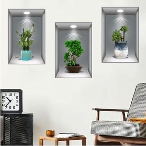 3D Çiçek Vazo Duvar Sticker 3 lü Set GRİ Fon (5250)