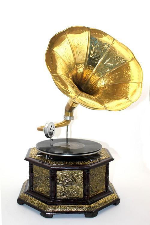 Ahşap Sekizgen Gramofon Taş  Plak Çalar Metal Kaplamalı 