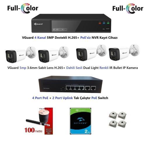5mp Dahili Sesli Ve Gece Renkli 4 Kameralı Tak Çalıştır Hazır IP Kamera Seti 2TB Disk