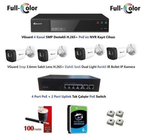 5mp Dahili Sesli Ve Gece Renkli 4 Kameralı Tak Çalıştır Hazır IP Kamera Seti 6TB Disk