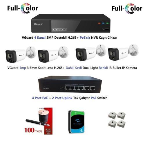 5mp Dahili Sesli Ve Gece Renkli 4 Kameralı Tak Çalıştır Hazır IP Kamera Seti 4TB Disk