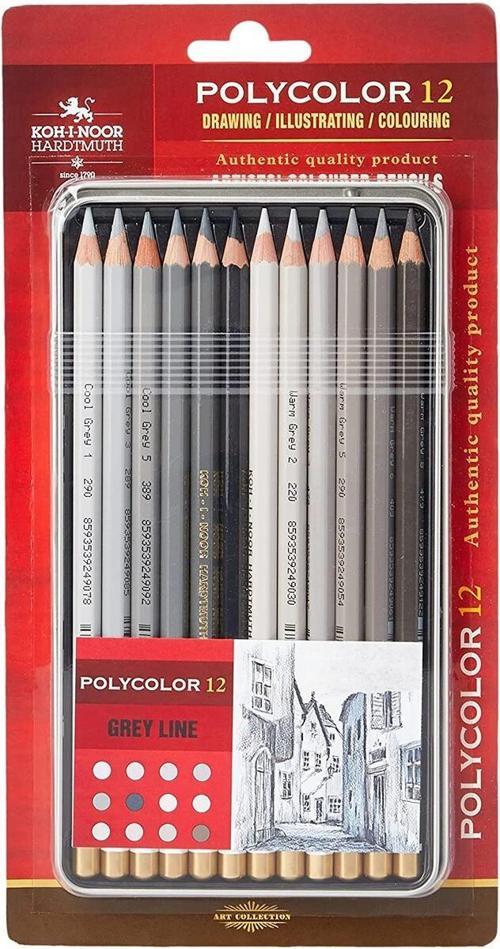 Polycolor Artist Kuru Boya Kalemi Seti 12 Renk GRİ TONLAR Metal Kutu