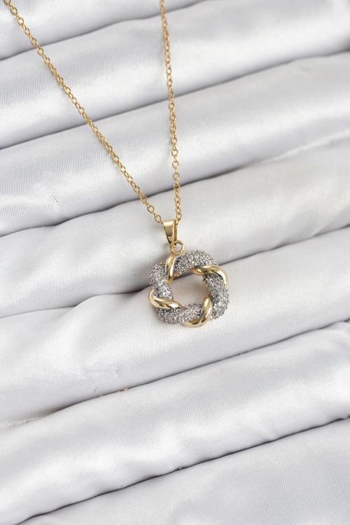 316L Çelik Zincir Gold Renk Zirkon Taşlı Sarmal Model Kadın Kolye