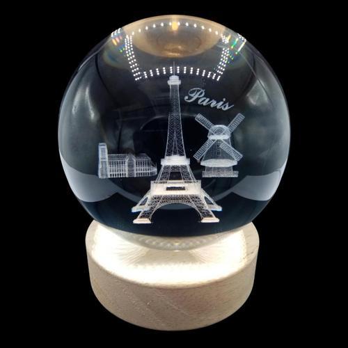 Paris Kristal Cam Küre 8cm Led Işıklı Usb Kablolu Ahşap Stantlı Gece Lambası