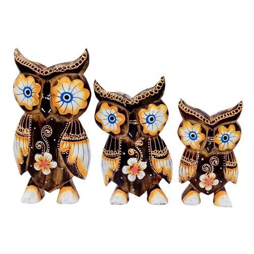 Ahşap Aborjin Üçlü Baykuş Dekoratif Biblo No.1 17 cm