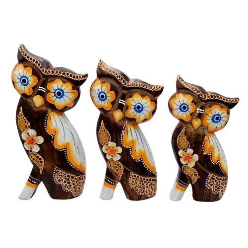 Ahşap Aborjin Üçlü Baykuş Dekoratif Biblo No.2 20 cm
