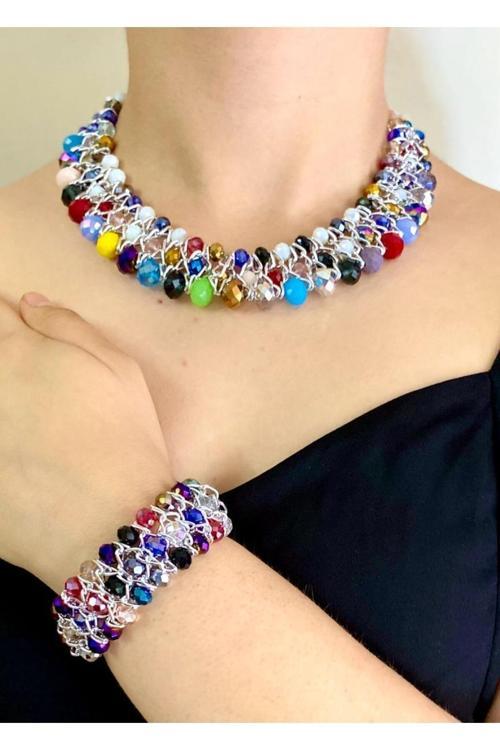 Kristal Taşlı Türk El Yapımı Gerdanlık Model Kolye Ve Bilezik Set
