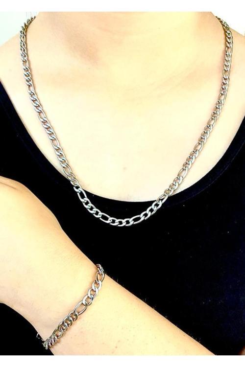 1. Sınıf Çelik Unisex Figaro Model Zincir Kolye Bileklik Set