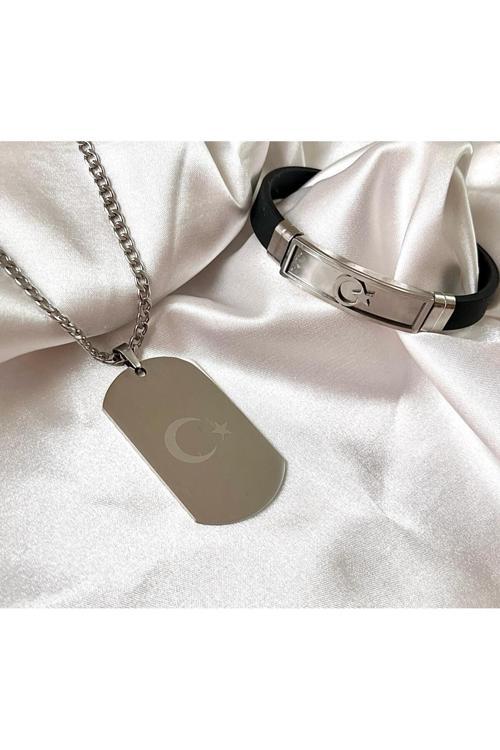 Ay Yıldız Türk Bayrağı Figürlü Çelik Kolye Bileklik Set