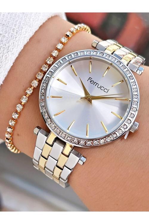 Altın Gold Silver Çift Renk Taşlı Model Kadın Kol Saati + Bileklik Hediyeli