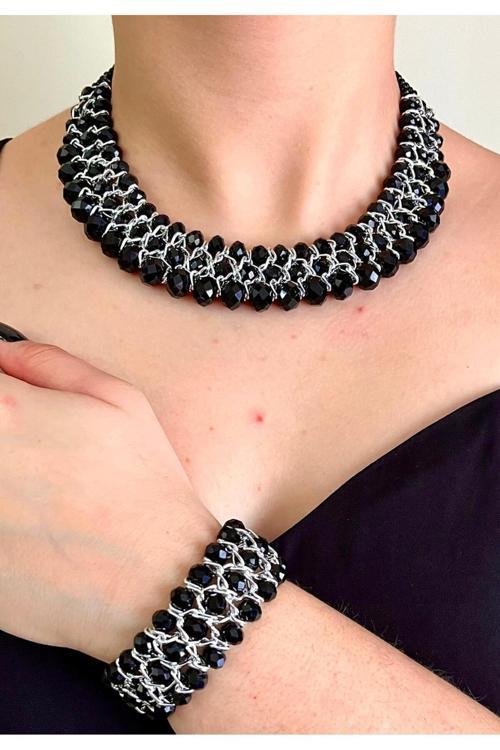 Kristal Taşlı Türk El Yapımı Gerdanlık Model Kolye Ve Bilezik Set